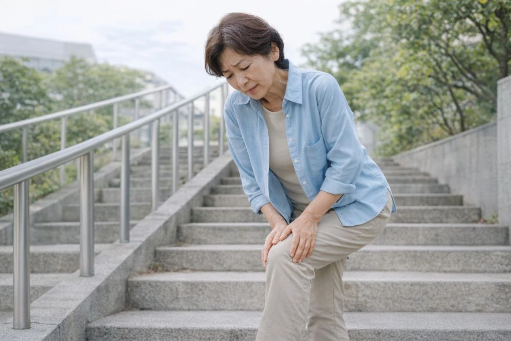 階段でひざの痛みを感じる女性