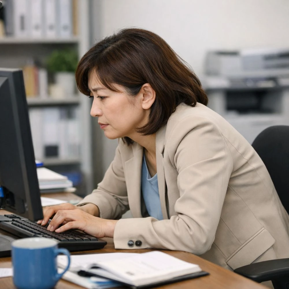 デスクワークで猫背になっている女性