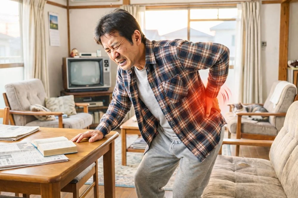 自宅で腰痛を感じる男性