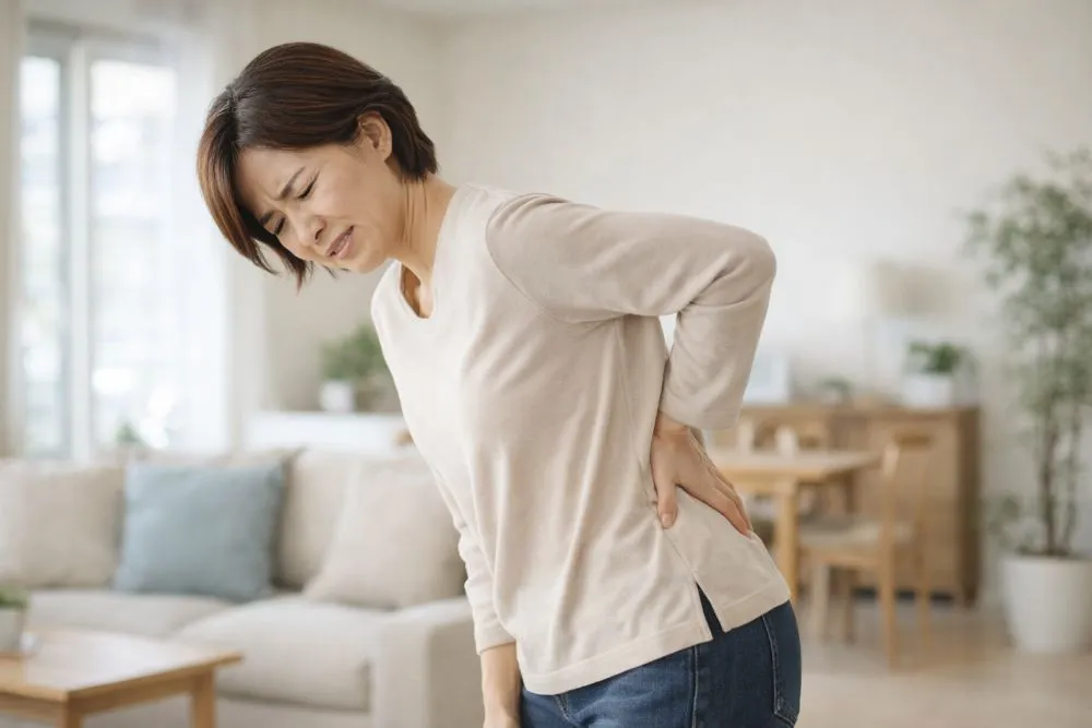 立った姿勢で腰痛を感じる女性1