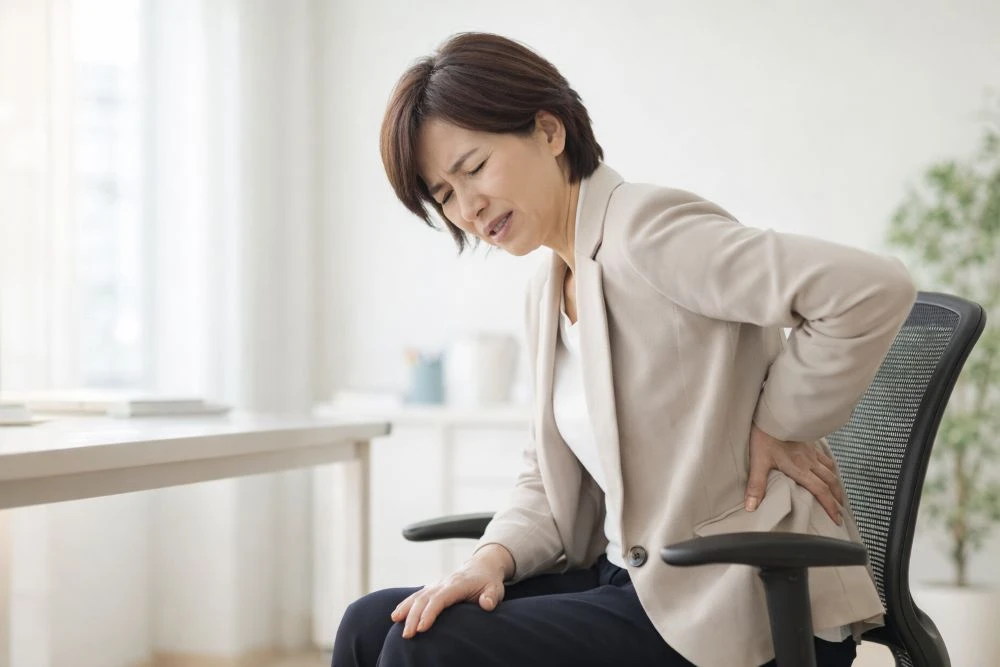 オフィスで腰を押さえる女性