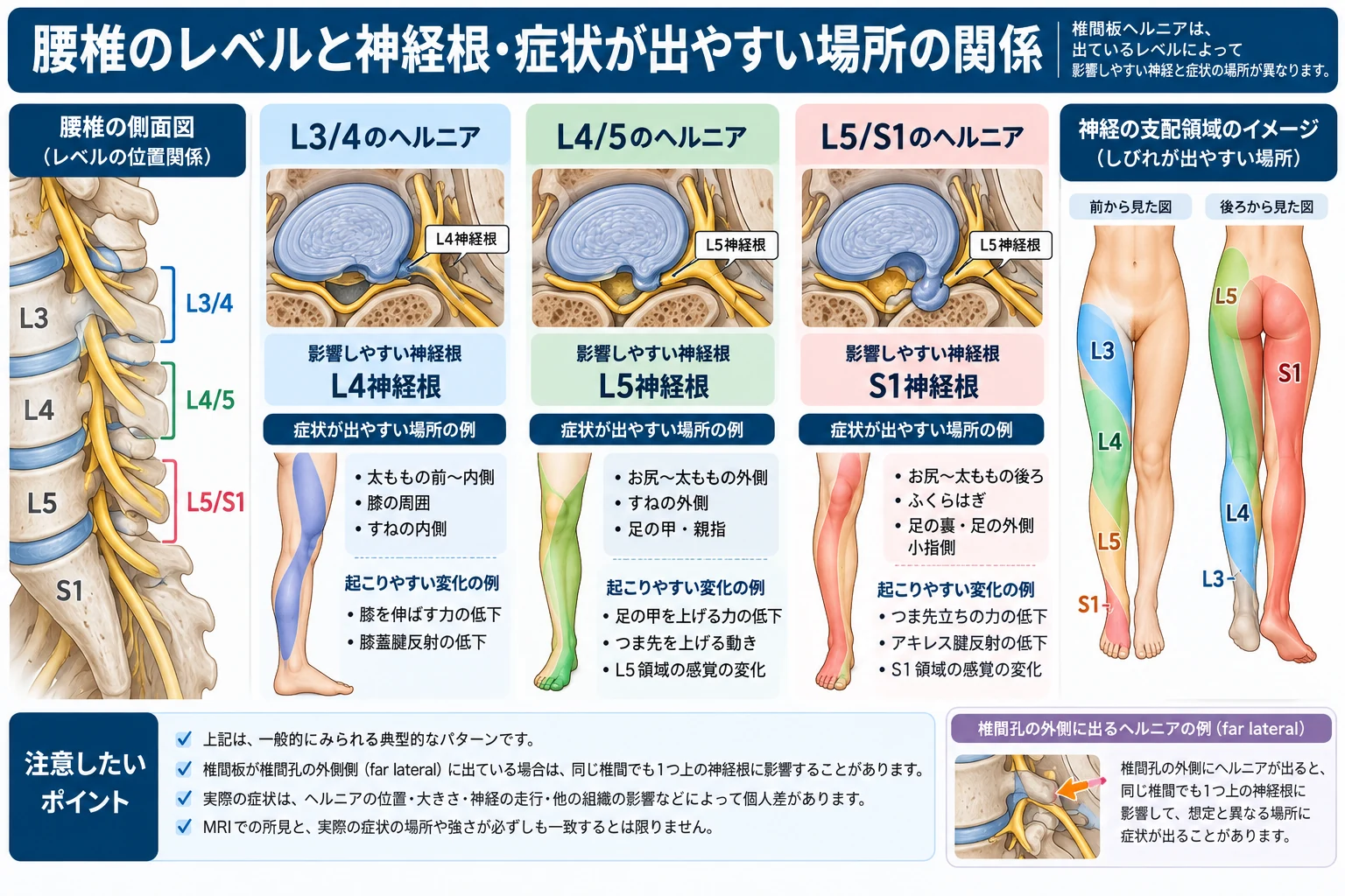 L3/4・L4/5・L5/S1の腰椎椎間板ヘルニアと、L4・L5・S1神経根で症状が出やすい部位を示した解剖図