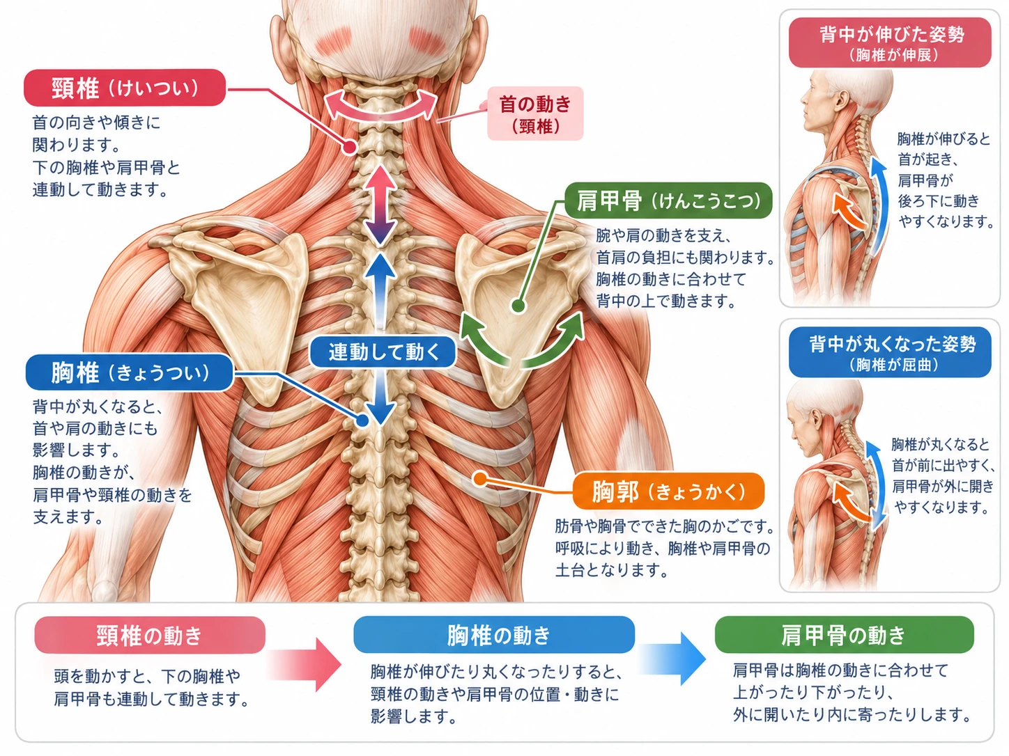 頸椎・胸椎・肩甲骨・胸郭の動きの関係を示した図解