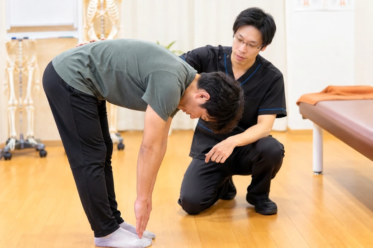前屈時の症状の場所や動き方を確認する場面のイメージ