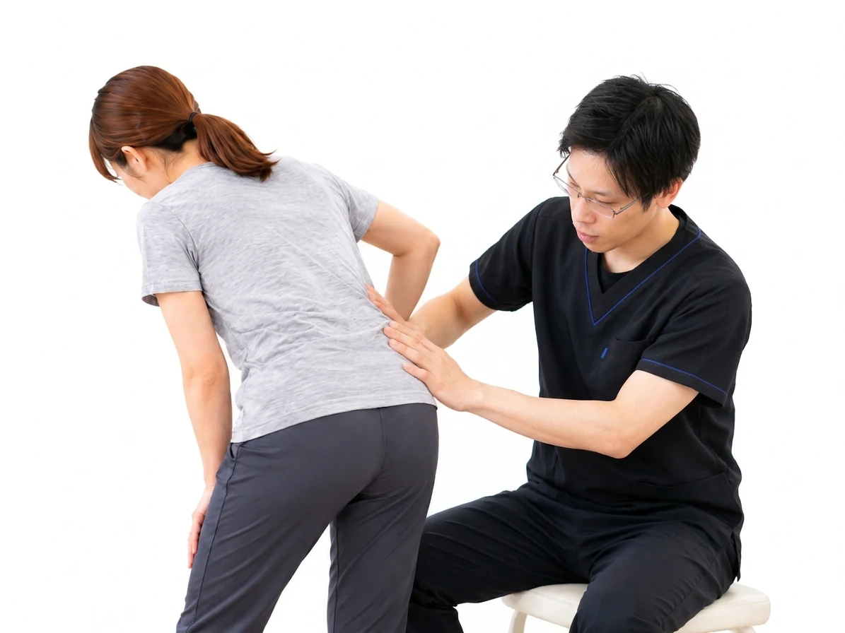 整体院心華で、患者様の動きを確認しながら腰部周辺に触れて状態を確かめる施術風景