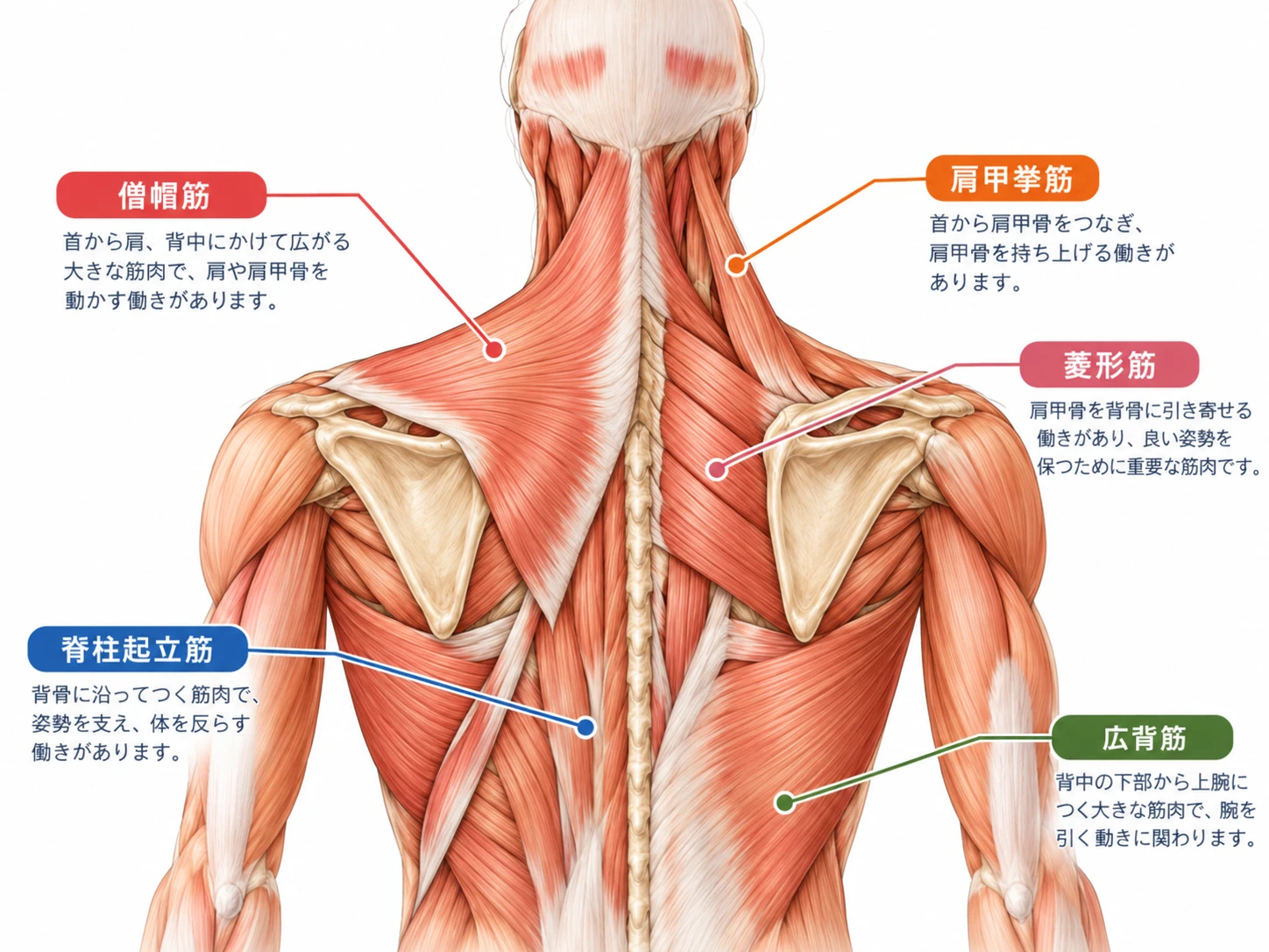 僧帽筋、肩甲挙筋、菱形筋、脊柱起立筋、広背筋の位置関係を描いた背面の解剖模式図