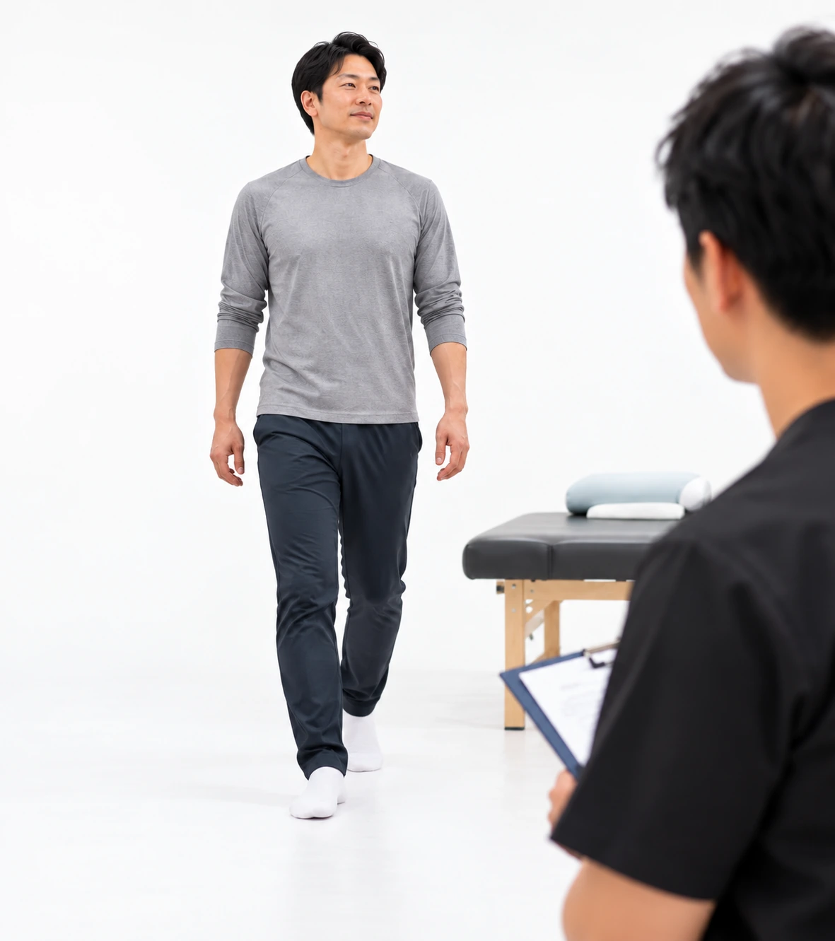 触れていない状態で歩行時の動きや症状の変化を再確認する場面のイメージ