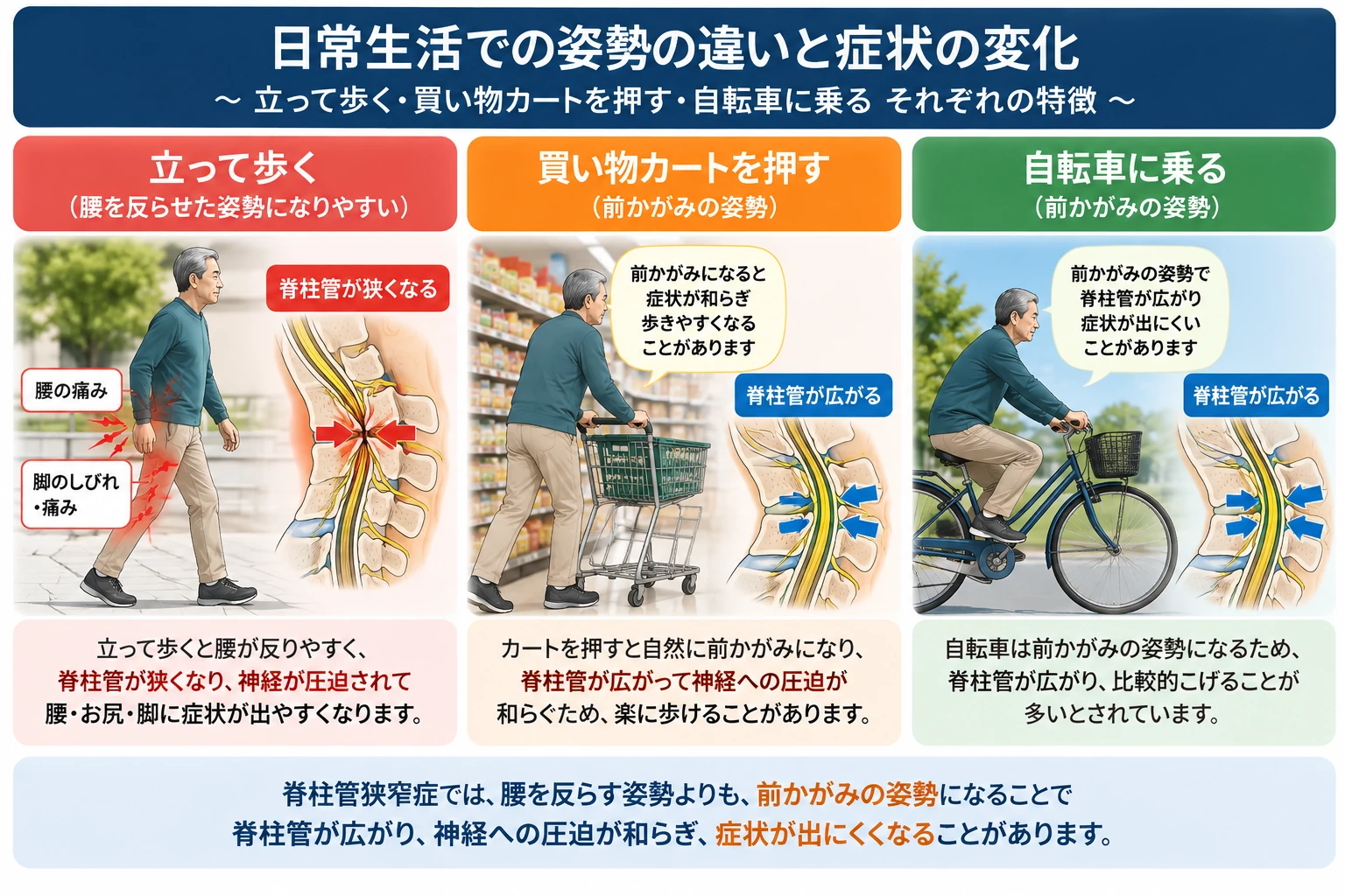 立って歩く、買い物カートを押す、自転車に乗る3場面で姿勢と脚の症状を比較したイラスト