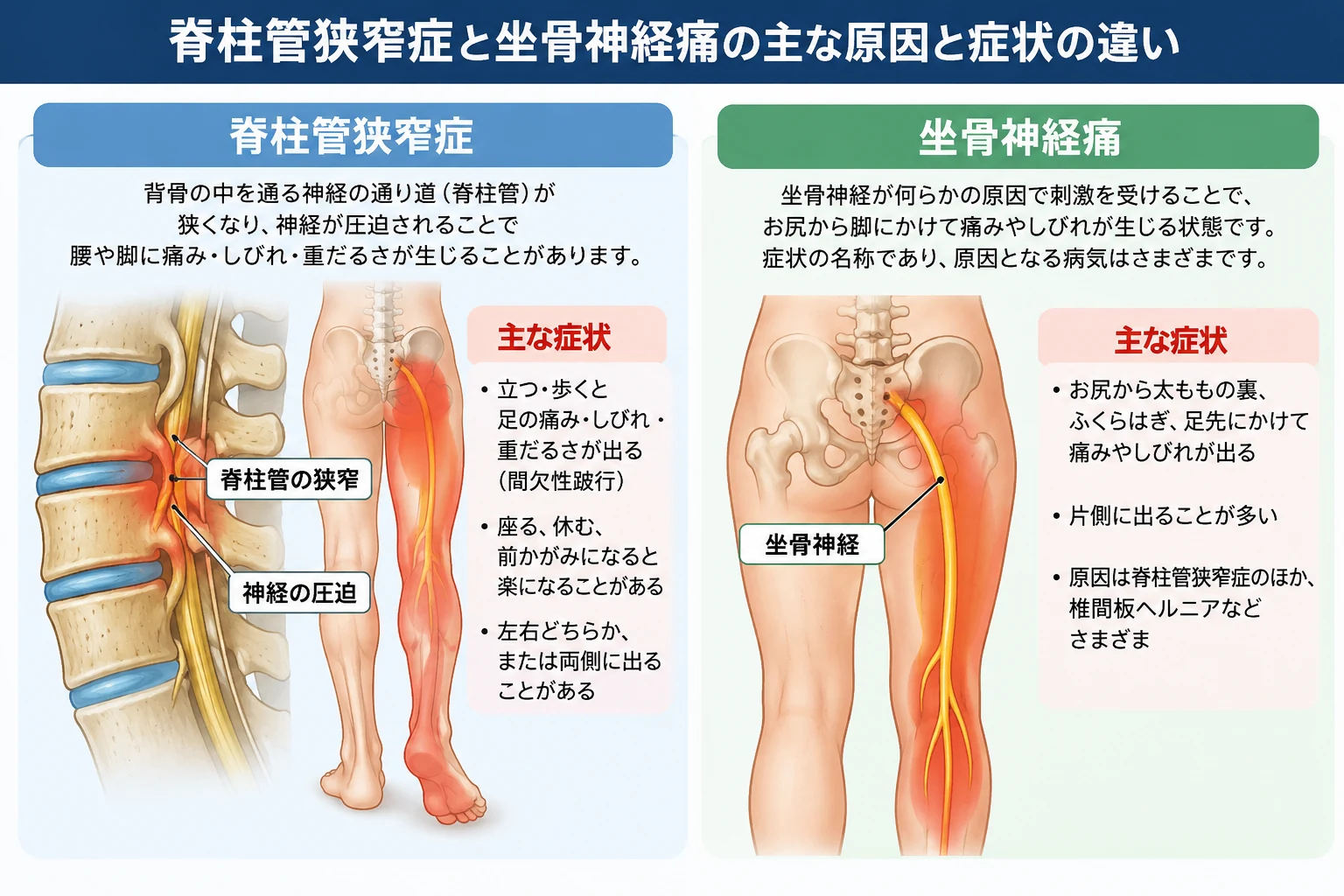 腰部脊柱管狭窄症の神経の通り道と、お尻から脚へ広がる坐骨神経痛の症状範囲を示す模式図