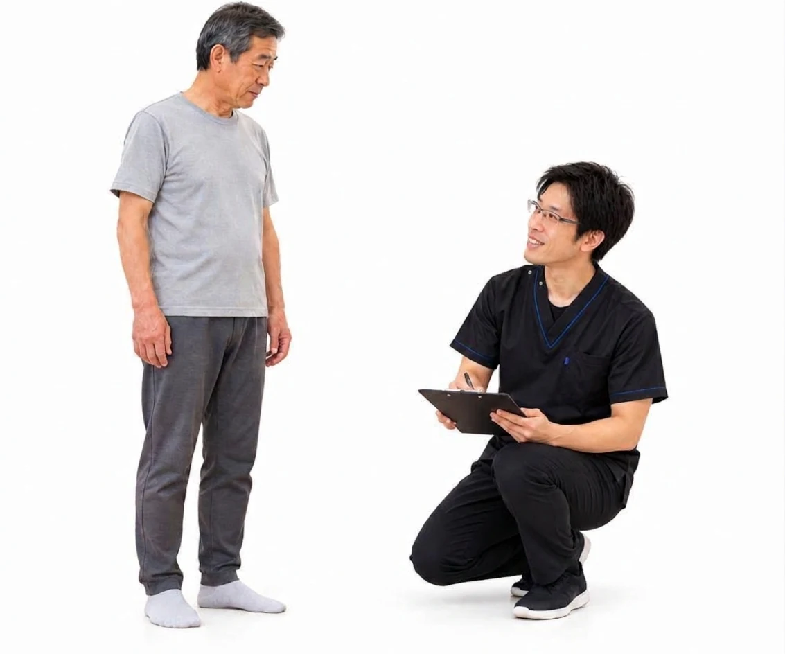 立った高齢男性と整体師が姿勢や症状について確認するAI生成イメージ