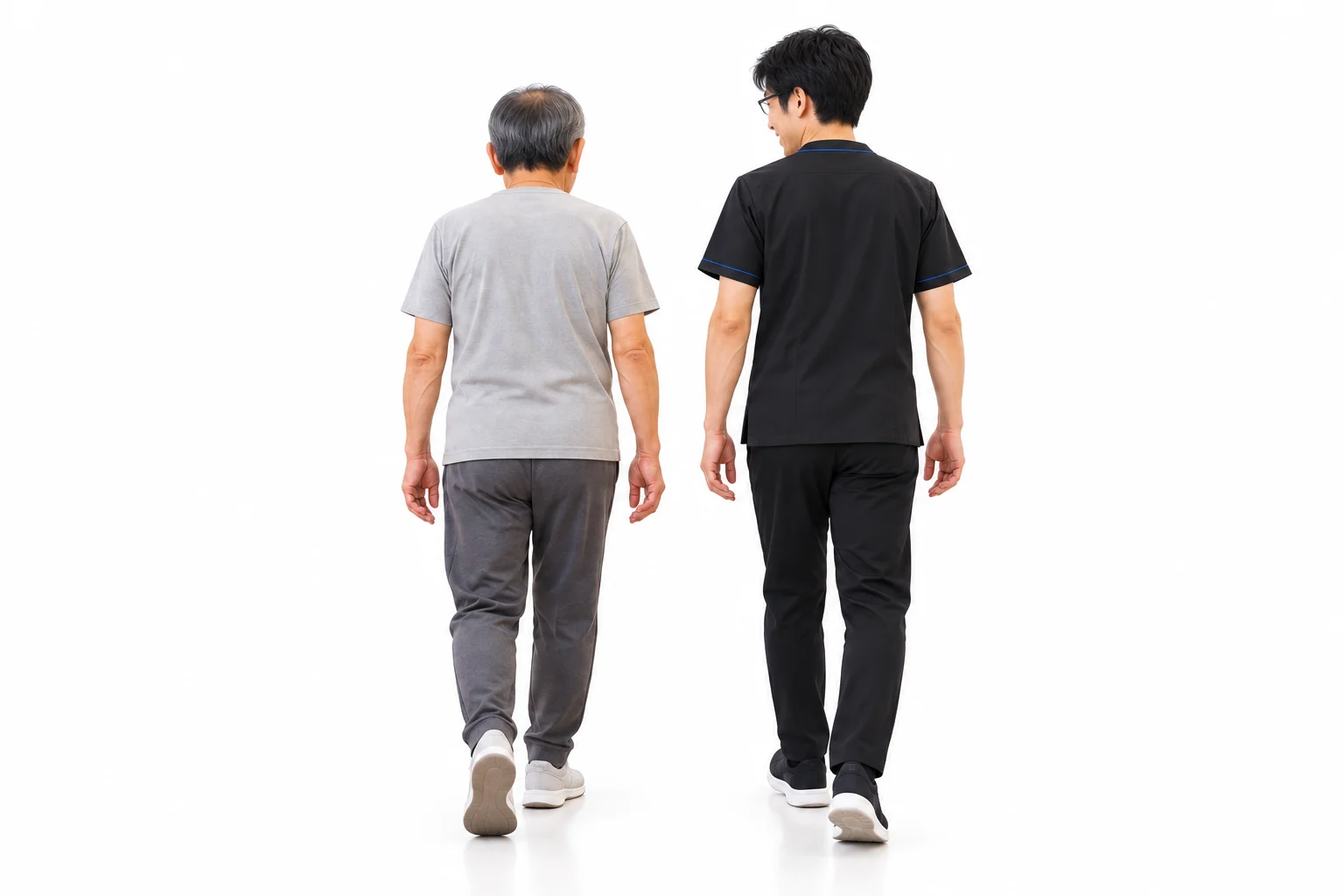 高齢男性の歩行を整体師が横で確認するAI生成イメージ