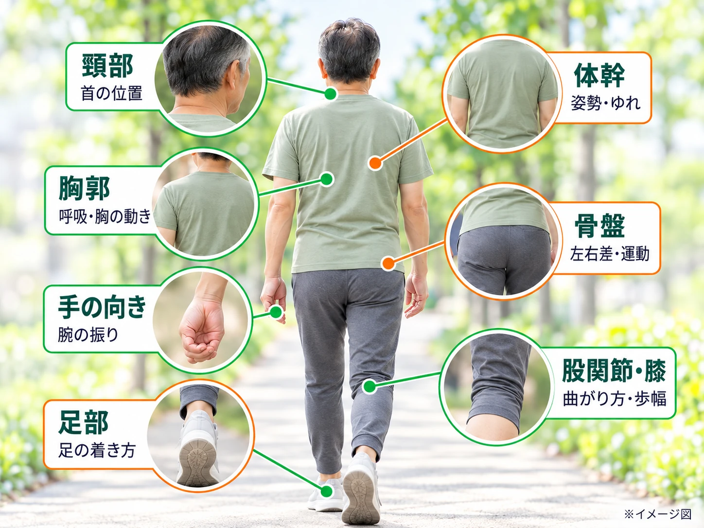 60代男性の歩行を後方から示し、首・胸郭・体幹・骨盤・手・股関節と膝・足部など確認する動きを示したAI生成説明図
