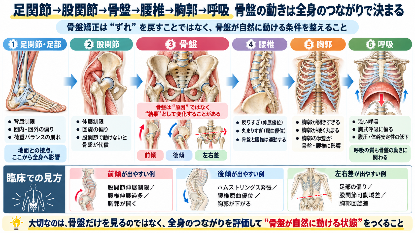 足関節から股関節、骨盤、腰椎、胸郭、呼吸までの全身のつながりを示した解剖学的インフォグラフィック